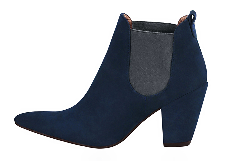 Navy blue and ash grey women's elegant sneakers. Tapered toe. High cone heels. Profile view - Florence KOOIJMAN